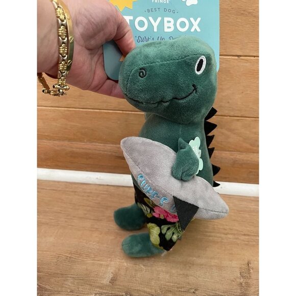 NWT Plush Dinosaur Dog Toy With Squeaker & Surfboard By Fringe Best Dog Toybox - Picture 1 of 5